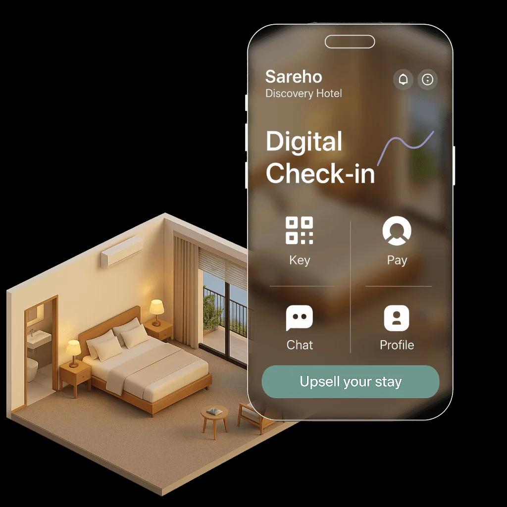 Sareho Gäste-App auf Smartphone - digitaler Check-in, mobile Zimmerschlüssel und Wallet-Integration für Hotels